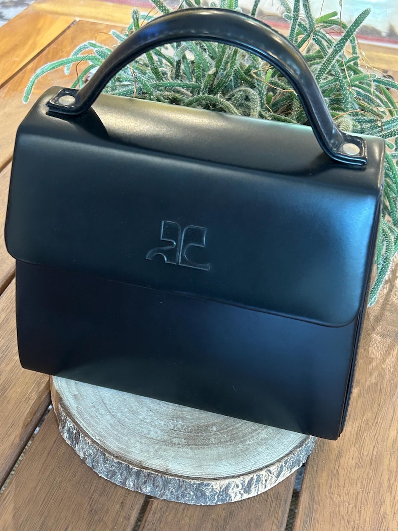 Vintage Courrèges Parfums Paris Black Handbag – 1980s Minimalist Structured Bag image 1