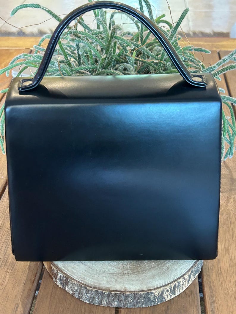Vintage Courrèges Parfums Paris Black Handbag – 1980s Minimalist Structured Bag image 3