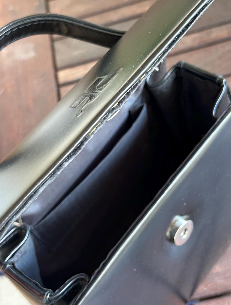 Vintage Courrèges Parfums Paris Black Handbag – 1980s Minimalist Structured Bag image 7