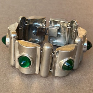 Vintage Wide Modernist Bracelet with Green Glass Cabochons, Silver Tone, Art Deco Revival