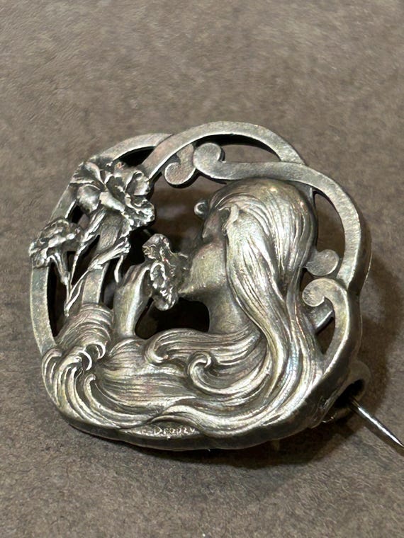 Broche Ancienne Art Nouveau Fleurs En Argent - Bijou Vintage D'occasion