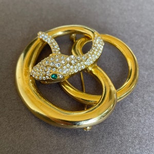 Vintage Butler & Wilson Snake Brooch – Gold Tone, Pave Crystals, Green Eyes – Signed – Statement Jewelry