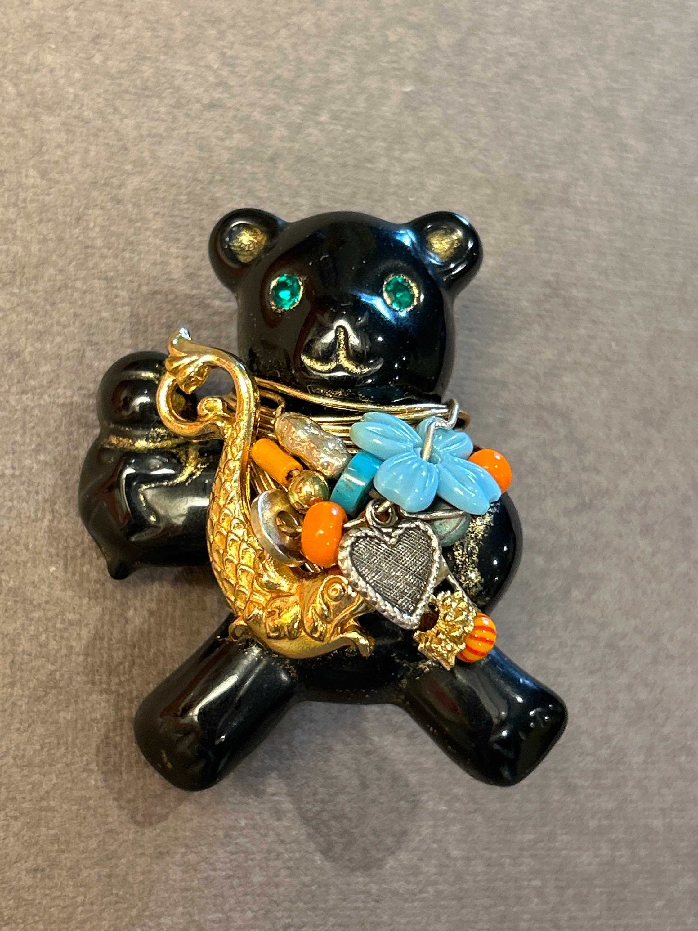 Vintage GAS Bijoux Enamel Teddy Bear Brooch – Black Enamel, Charms & Gold Wire, Signed French Designer Jewelry