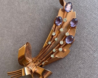 Rare Coro Craft Sterling Floral Brooch – 1940s Retro Bouquet with Purple Glass & Rhinestones