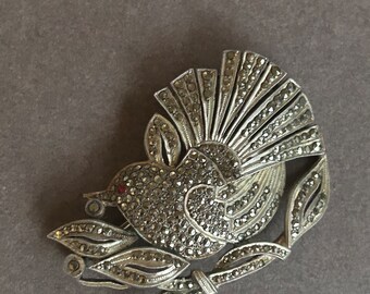 Broche Art Nouveau Vintage - Argent Et Marcassite - Motif Oiseau Animalier - Occasion
