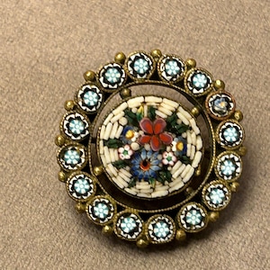 Antique Italian Micro Mosaic Brooch – Victorian Floral Micromosaic, Circa 1900