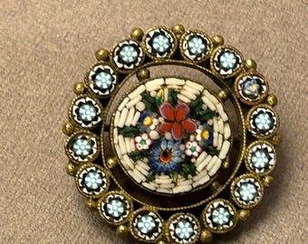 Antique Italian Micro Mosaic Brooch – Victorian Floral Micromosaic, Circa 1900
