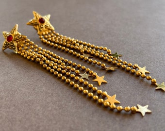 Rossi Star Earrings – Gold-Tone Statement Dangles with Chains and Red Gem, Celestial Vintage Style