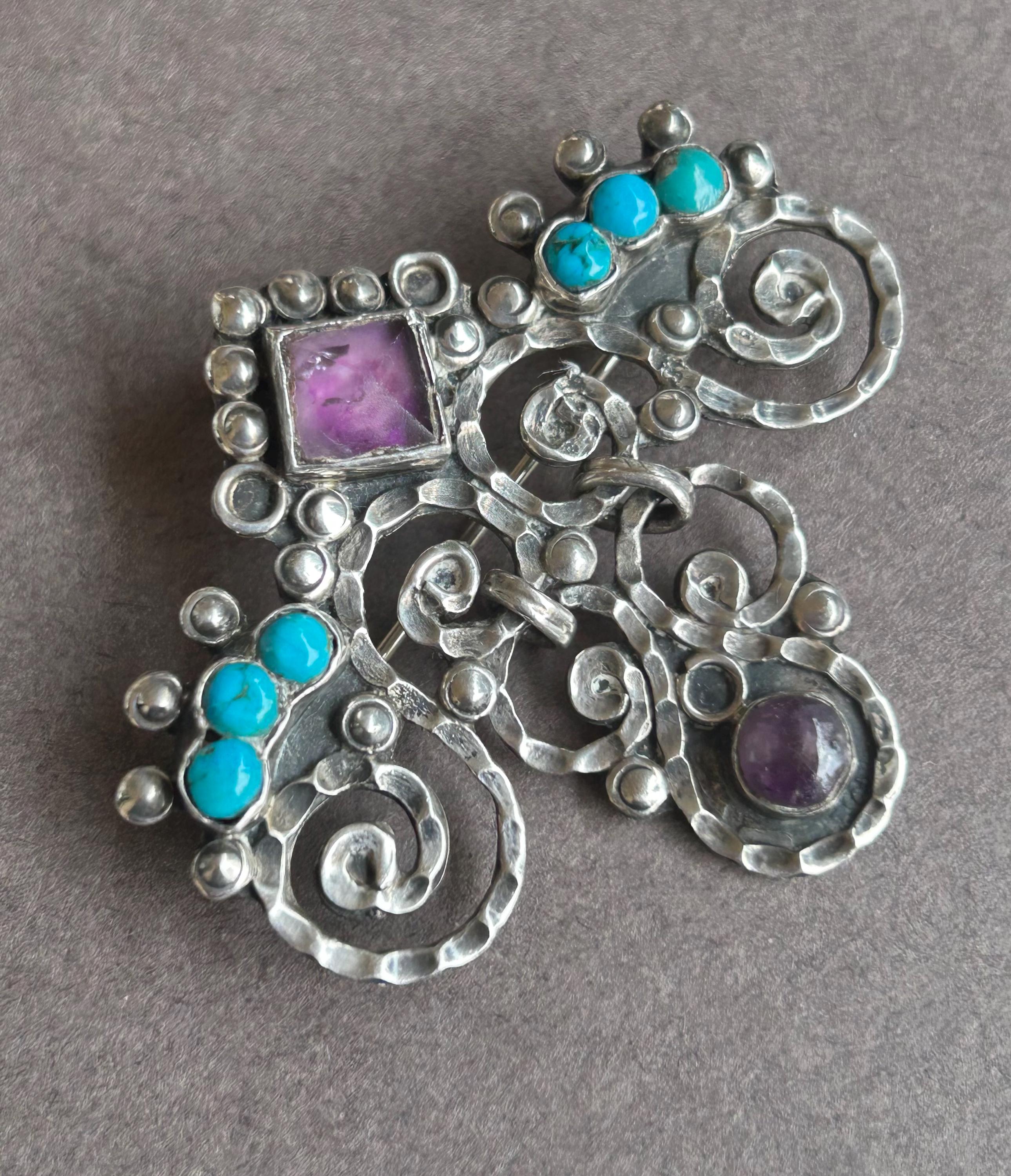Broche Ancienne Mexique, Deux Filles, Argent 925, Vintage