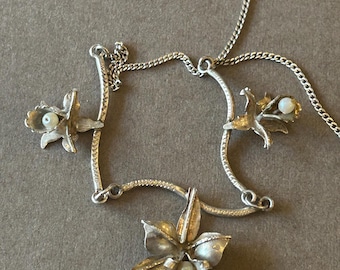 Vintage Sterling Silver Orchid Necklace with Cultured Pearls, 1970s
