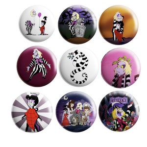 May include: Nine round buttons featuring various scenes from the animated film Beetlejuice. The buttons feature the characters Beetlejuice, Lydia Deetz, and the Maitlands. The buttons are white with a black border.