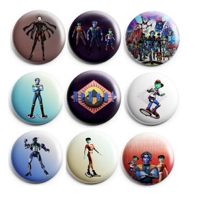 May include: Nine round buttons featuring characters and scenes from the animated television series Reboot. The buttons are white with a glossy finish. The characters are blue and green with black outlines. The scenes include a group of characters standing together, a single character standing on a hoverboard, and a character standing with their arms crossed. The buttons also feature the word "Reboot" in a stylized font.