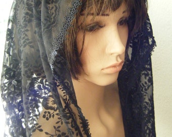 Flocked Velvet Flowers Black Tulle INFINITY VEIL  Head Cover Mourning GOTHIC  Church Elegant Veil