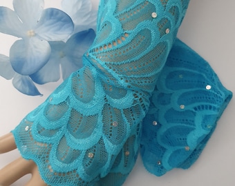 Dentelle bleu turquoise avec paillettes Mitaines Mitaines Manchettes courtes