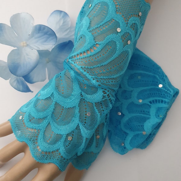 Turquoise Blue Lace With Sequins  Fingerless Gloves Mittens  Short Arm Warmers