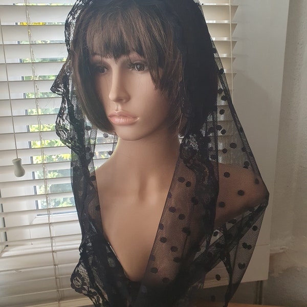 A Soft And Delicate Black Polka Dots Lace Tulle INFINITY VEIL Head Cover Mantilla