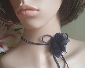 A CHOKER Necklace NAVY BLUE  Velvet Navy Blue Chiffon Flower Elegant Delicate Choker Flower Choker Rosette Choker Thin Choker