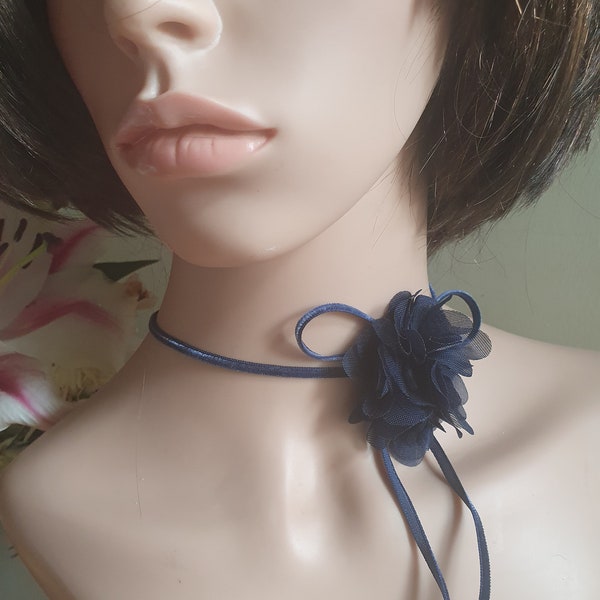 A CHOKER Necklace NAVY BLUE  Velvet Navy Blue Chiffon Flower Elegant Delicate Choker Flower Choker Rosette Choker Thin Choker