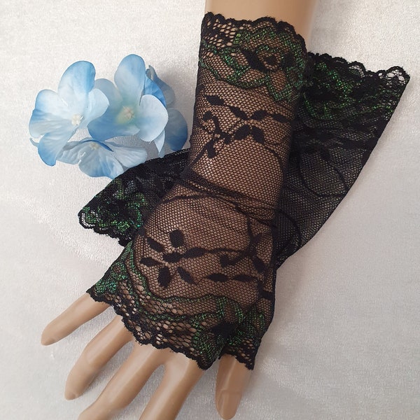 DENTELLE noire avec un scintillement VERT Gants Mitaines Style victorien gothique Halloween tatouage Couverture