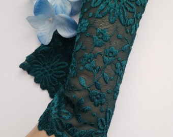 A pair of dark green / forest green / Stretch Lace Short Sleeve Fingerless Glove Tattoo Cover Long Wrist Cuff Arm Warmer