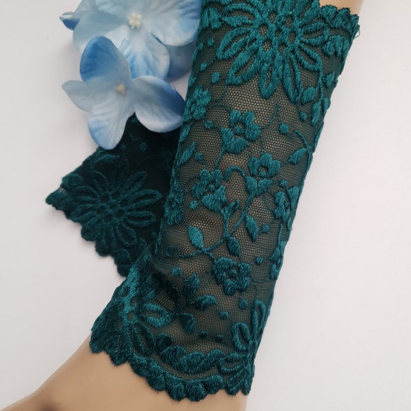 A pair of dark green / forest green / Stretch Lace Short Sleeve Fingerless Glove Tattoo Cover Long Wrist Cuff Arm Warmer