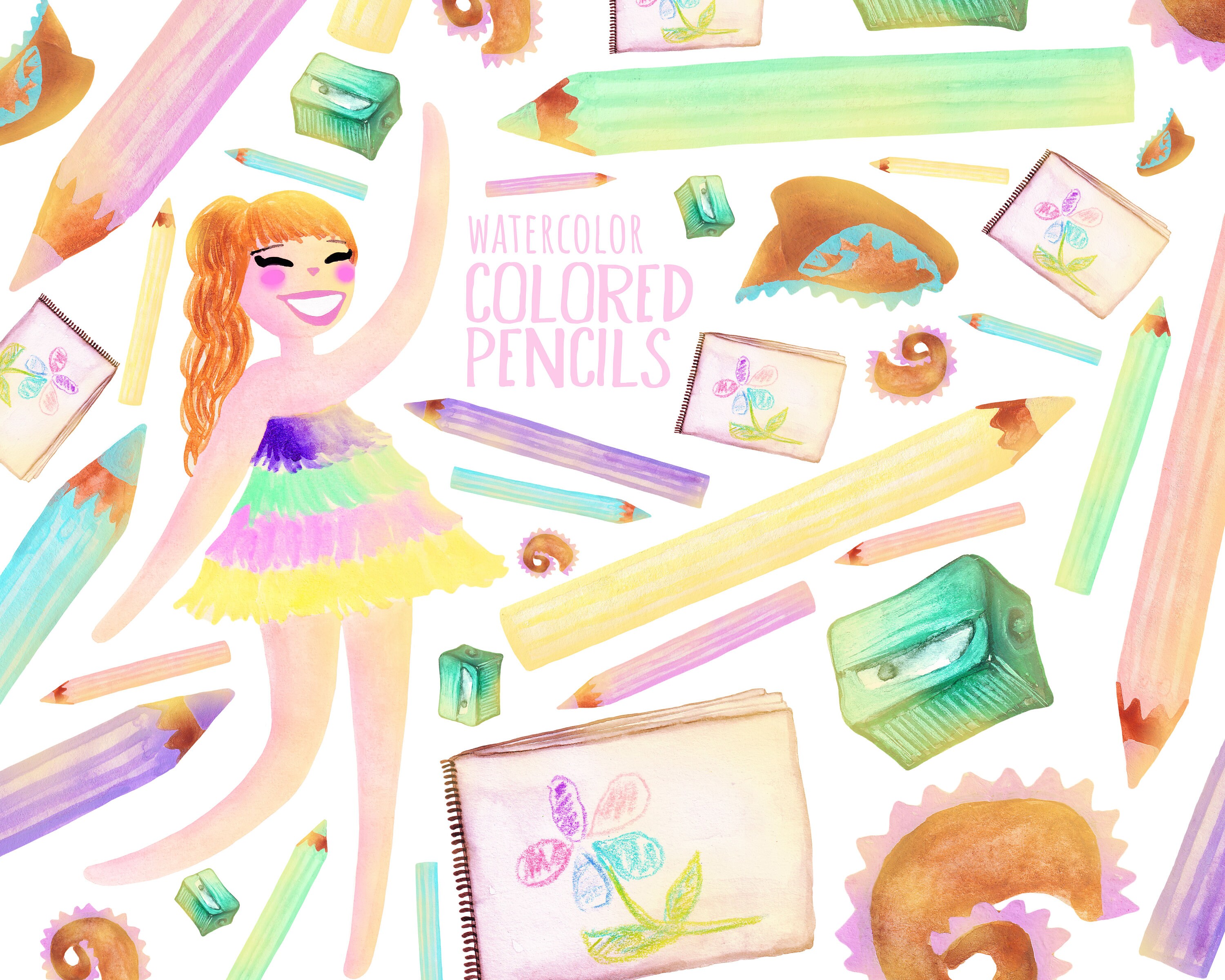 Cute Colored Pencils Girl Drawing Watercolor Colored Pencils Clipart ...