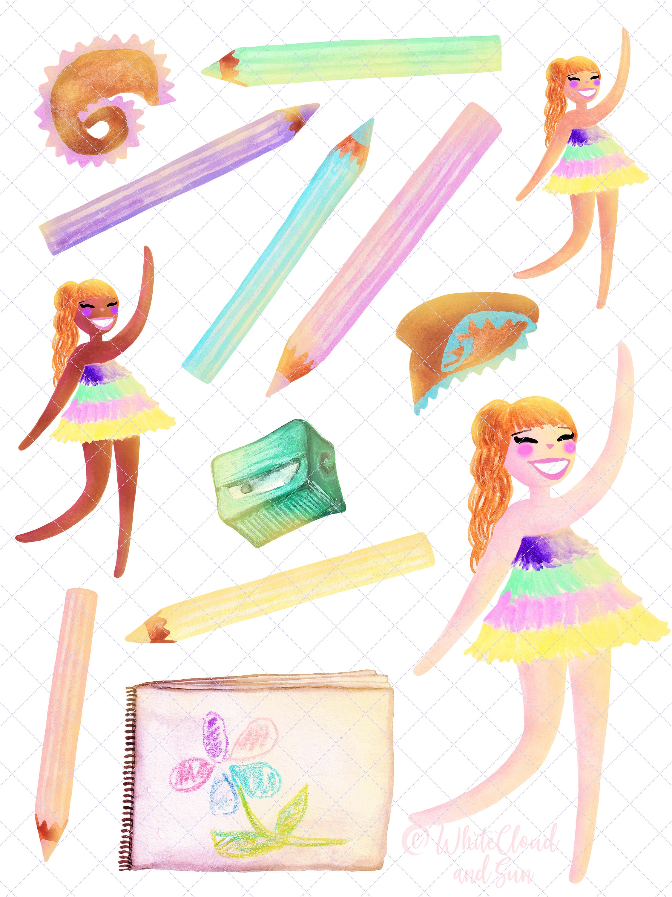 Cute Colored Pencils Girl Drawing Watercolor Colored Pencils Clipart ...