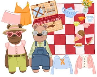 Actividad imprimible de muñeca de papel, Set de picnic de osito de peluche, juguete artesanal de bricolaje, 52 piezas