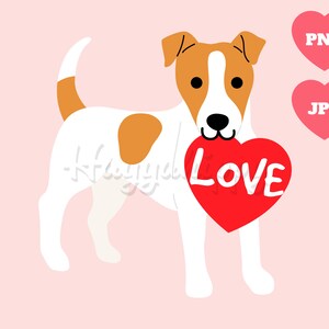 Jack Russell Terrier sostiene una tarjeta en forma de corazón en la boca ilustración de dibujos animados Feliz día de San Valentín con archivo PNG transparente