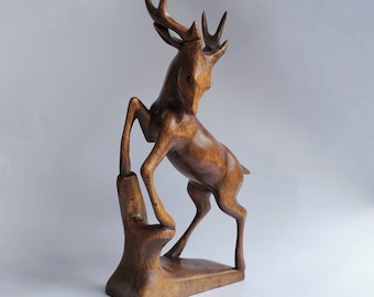 Forest Deer Climb Wood Carving, Animal Lover, Mothers Day Gift, Wood Animal Art, Deer Sculpture,Room Decor, Natural Wood, Handmade art