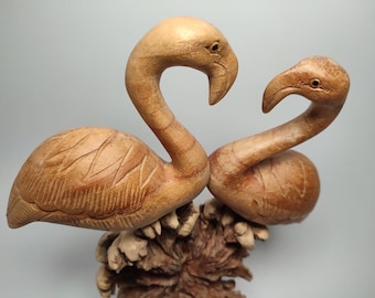 Pareja de madera de pájaro flamenco, escultura de flamenco, amante de los animales, arte animal, talla de madera, hecho a mano.