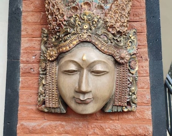 Cabeza de Legong de fibra de vidrio, decoración de pared, hecha a mano, antigua, arte balinés.