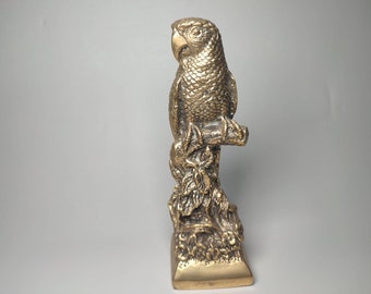 Escultura de pájaro loro dorado de bronce, amante de los animales, arte animal, rústico, hecho a mano.
