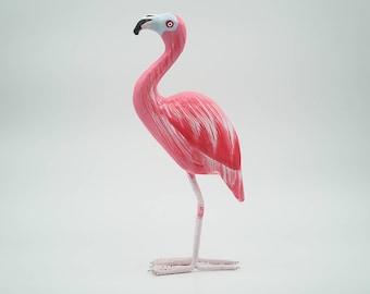 Pájaro flamingo de guacamayo de madera, escultura de pájaro de loro, amante de los animales, arte animal, madera rústica, madera de color, talla de madera, hecho a mano.