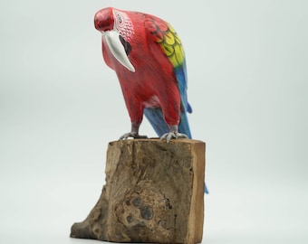 Pájaro de ala verde guacamayo de madera, escultura de pájaro de loro, amante de los animales, arte animal, madera rústica, madera de color, talla de madera, hecho a mano.