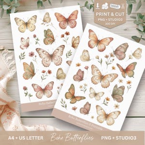 2 druckbare Sticker Sheets • Print & Cut, PNG + Studio3 • Digital Product, Instant Download • Boho Butterflies