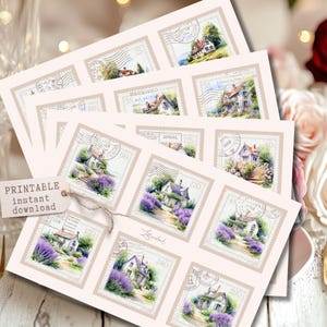 May include: Printable sheets of postage stamps with watercolour illustrations of cottages and lavender fields. The stamps display various values and the text "PRINTABLE instant download". The stamps are arranged on a light beige background.