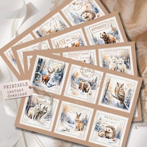 May include: A set of printable postage stamps depicting winter forest scenes with animals such as deer, bears, foxes, and owls. The stamps have a vintage design with a brown background and various postmarks.