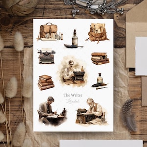 Journal Sticker Sheet • Aquarell Aufkleber Set • Bujo, Planer & Scrapbook Dekoration • The Writer • Vintage Stickerbogen