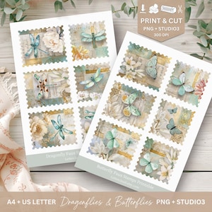 2 druckbare Sticker Sheets • Print & Cut, PNG + Studio3, digital Faux Stamps, Dragonflies and Butterflies