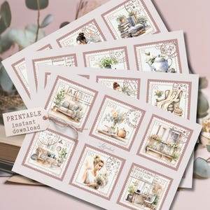 May include: A set of printable postage stamp designs with watercolour illustrations. The stamps depict scenes such as floral arrangements, cosy interiors, and portraits. The text "PRINTABLE instant download" is visible on a tag.