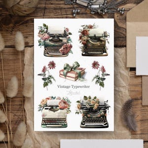 Stickervel voor dagboek, vintage typemachine • Aquarelstickerset • Bujo, planner en plakboekdecoratie • A6-stickervel