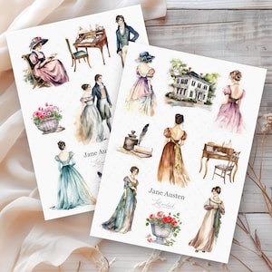 Journal Sticker Sheet Jane Austen • Aquarell Aufkleber Set • Bujo, Planer & Scrapbook Dekoration • Stickerbogen A6