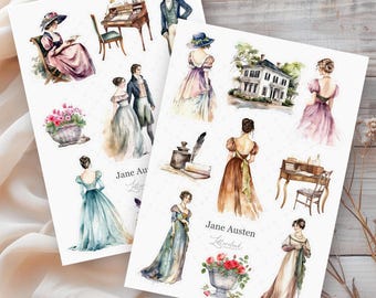 Journal Sticker Sheet Jane Austen • Aquarell Aufkleber Set • Bujo, Planer & Scrapbook Dekoration • Stickerbogen A6