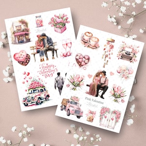 Conjunto: San Valentín rosa • Hoja de pegatinas para diario • Pegatinas para planificador de San Valentín