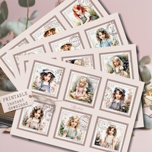 May include: A selection of printable instant download postage stamp designs. The stamps feature watercolour illustrations of young girls in vintage dresses and floral settings. The stamps have a light brown border and include text such as "Paris" and "London".