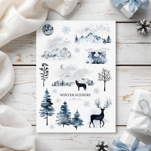 Winterlandschap met dagboekstickers • Aquarelstickerset • Bujo, planner en plakboekdecoratie • A6-stickervel