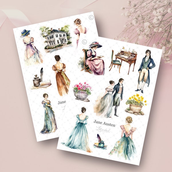 Jane Austen Set • 2 Journal Sticker Sheets • Planner Stickers