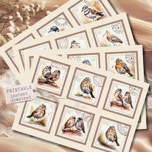 May include: A selection of printable instant download postage stamps with watercolour bird illustrations. The stamps have a vintage style, with a beige background and brown borders. The text "PRINTABLE instant download" is visible.