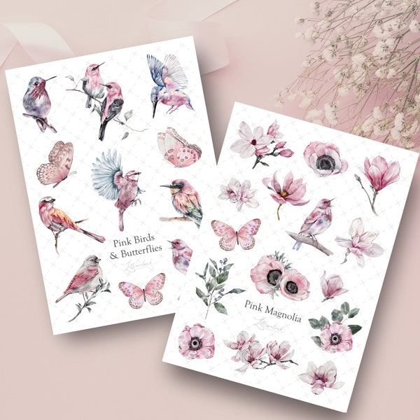 Pink Birds & Butterflies | Pink Magnolia • Journal Sticker Sheets • Planner Stickers